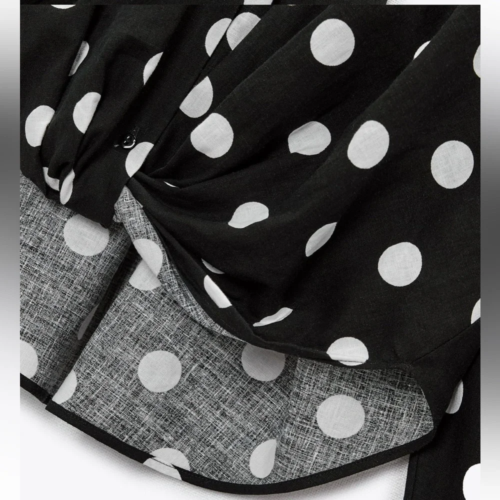 Zara NWT linen black & white polka dot knot front button front long sleeve shirt - Picture 10 of 10